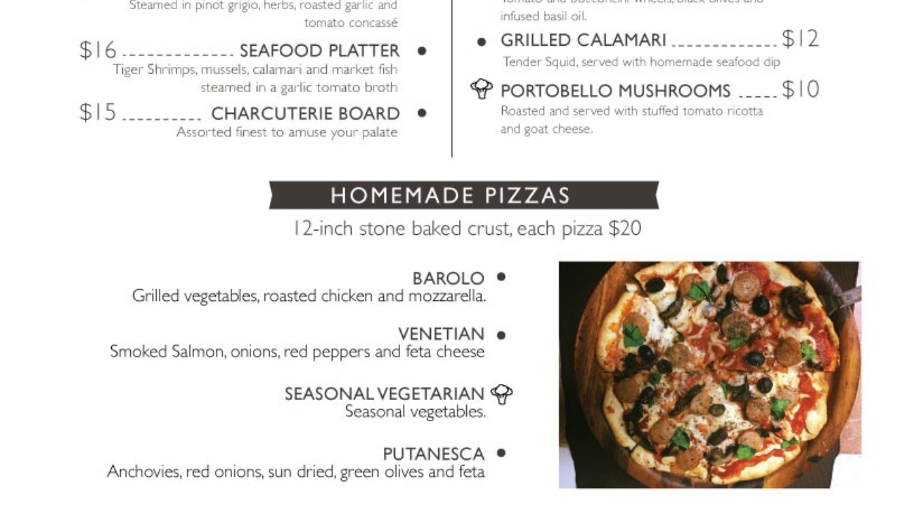 A menu of pizza with sauce and cheese