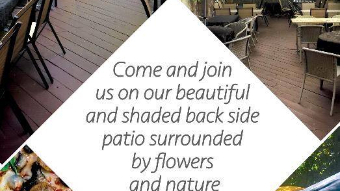 A collage of different photos with the words " come and join us on our beautiful and shaded back side patio surrounded by flowers and nature ".