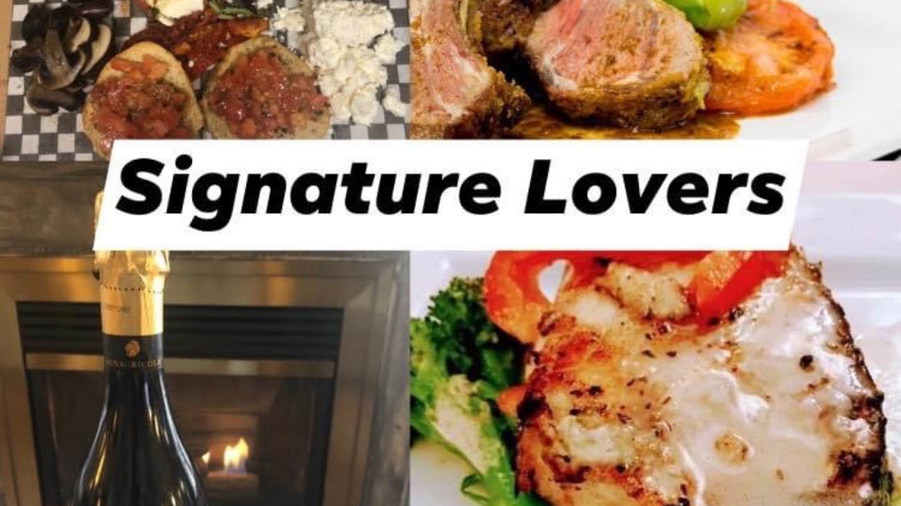 A collage of food and wine with the words " signature lovers ".