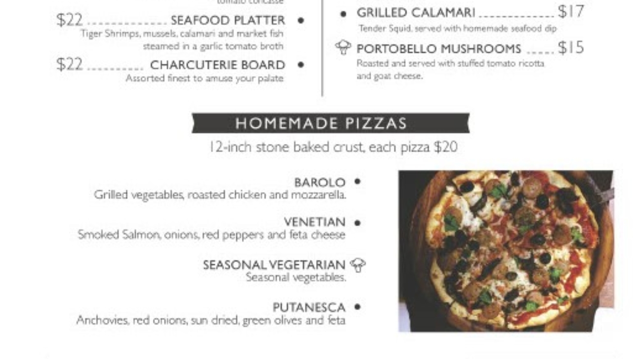 A menu of the restaurant l ' antico cucina