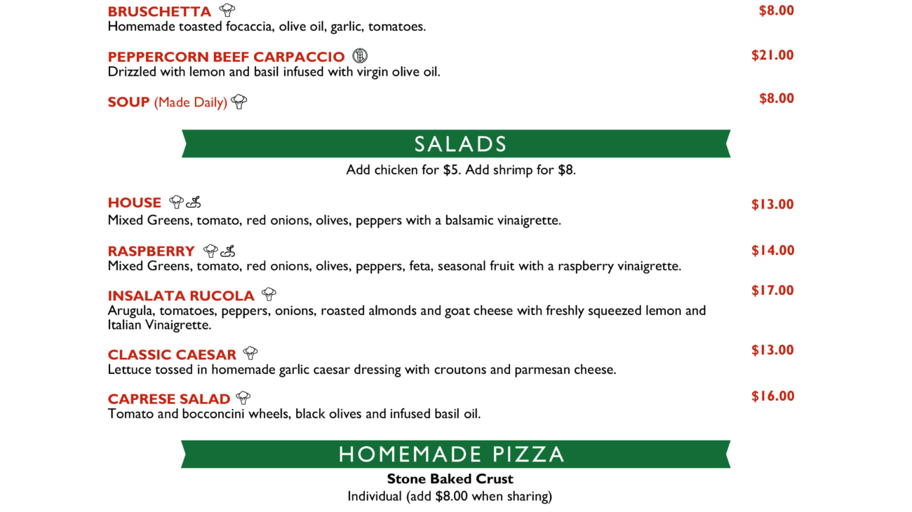 A menu of a restaurant with prices and menus.