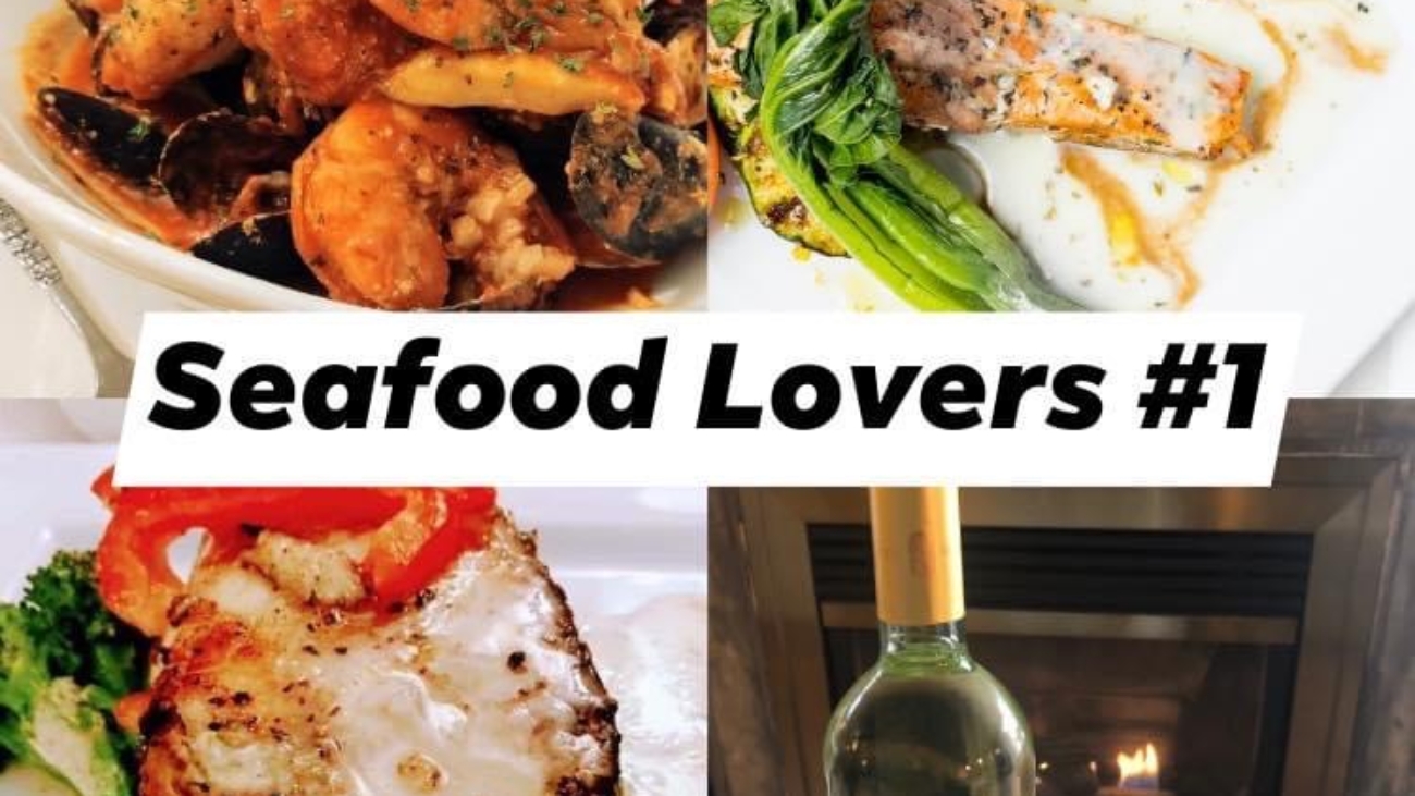 A collage of different seafood dishes and wine.